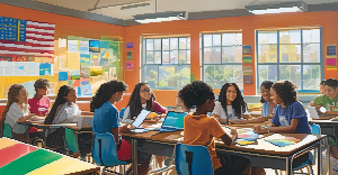 A diverse group of students in a bright classroom discussing around a table with laptops and tablets, surrounded by educational posters and warm sunlight.