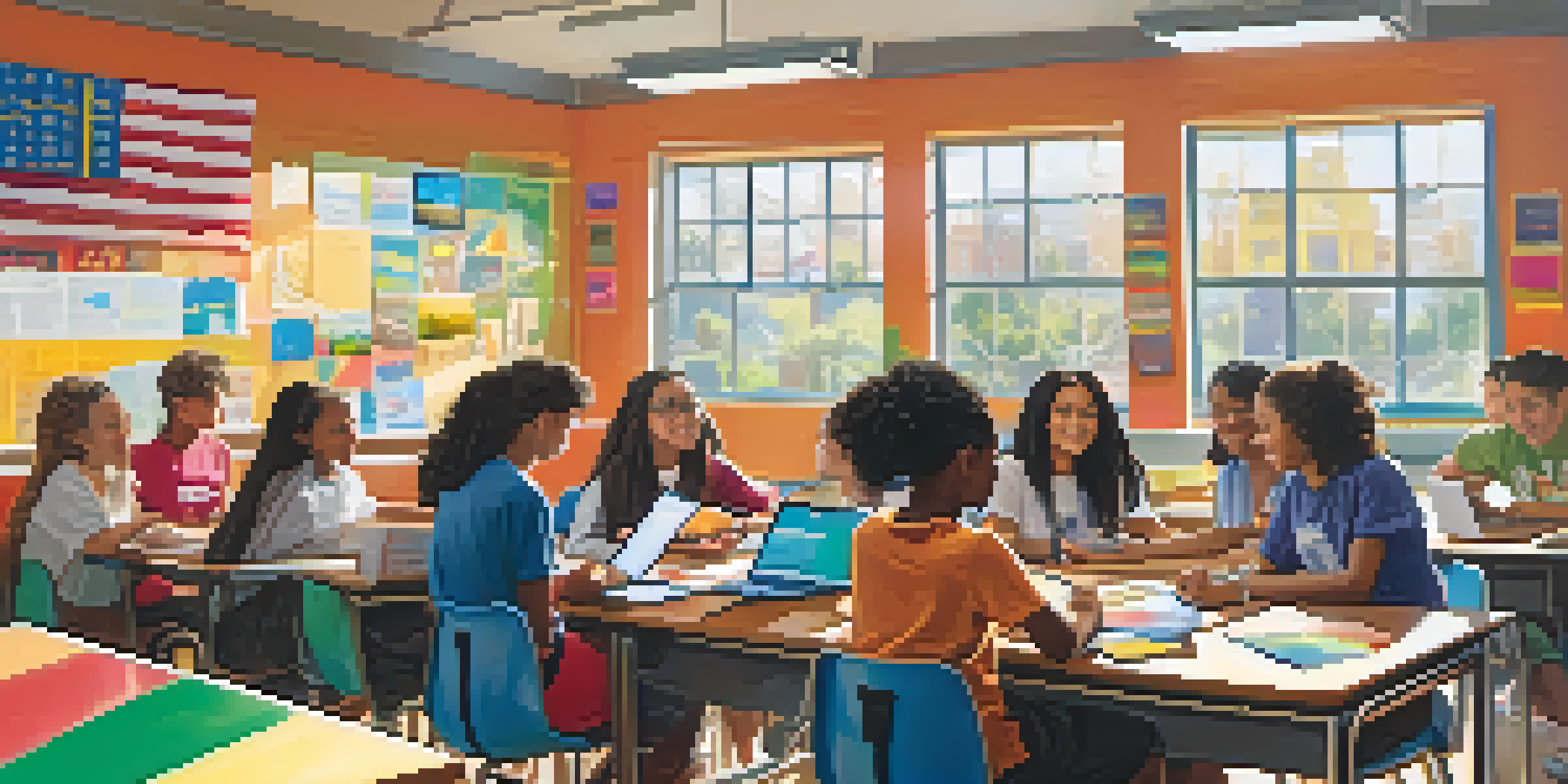 A diverse group of students in a bright classroom discussing around a table with laptops and tablets, surrounded by educational posters and warm sunlight.
