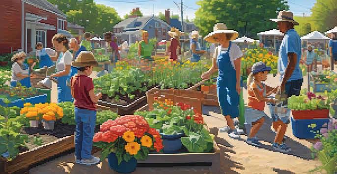A diverse group of people tending to a colorful community garden under a bright blue sky, engaging in various gardening activities.