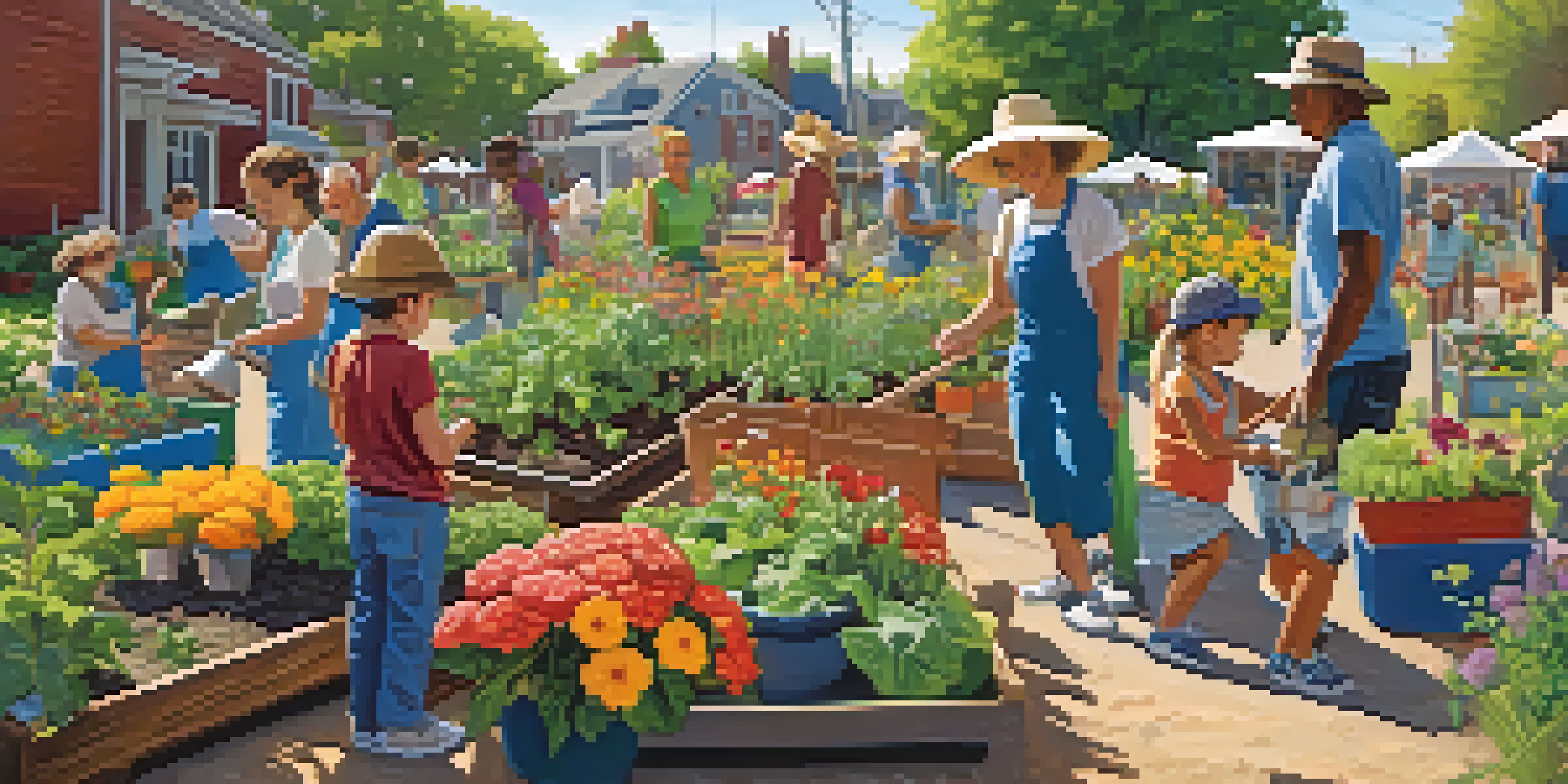 A diverse group of people tending to a colorful community garden under a bright blue sky, engaging in various gardening activities.