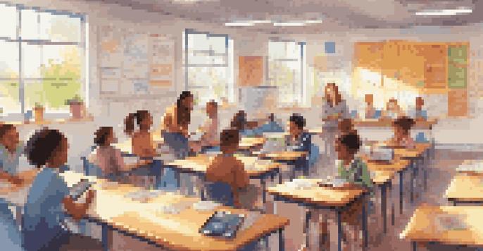 A colorful classroom with diverse students using technology and a teacher guiding them, filled with sunlight and educational materials.