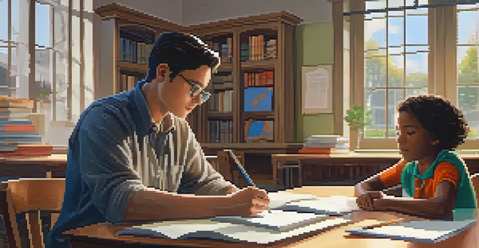 A mentor and a mentee discussing lesson plans in a bright classroom filled with books and educational materials.