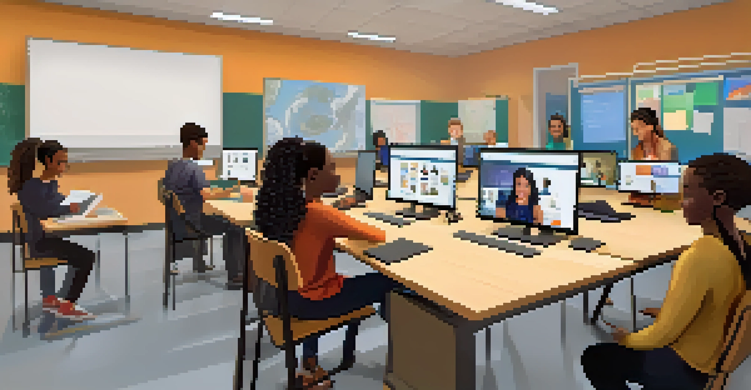 A group of diverse students participating in an online class with laptops, engaging with a teacher on a split-screen display.