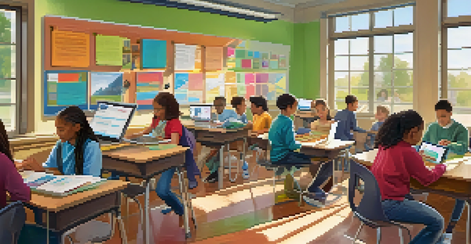 A diverse group of students collaborating in a bright classroom, using laptops and tablets for learning.