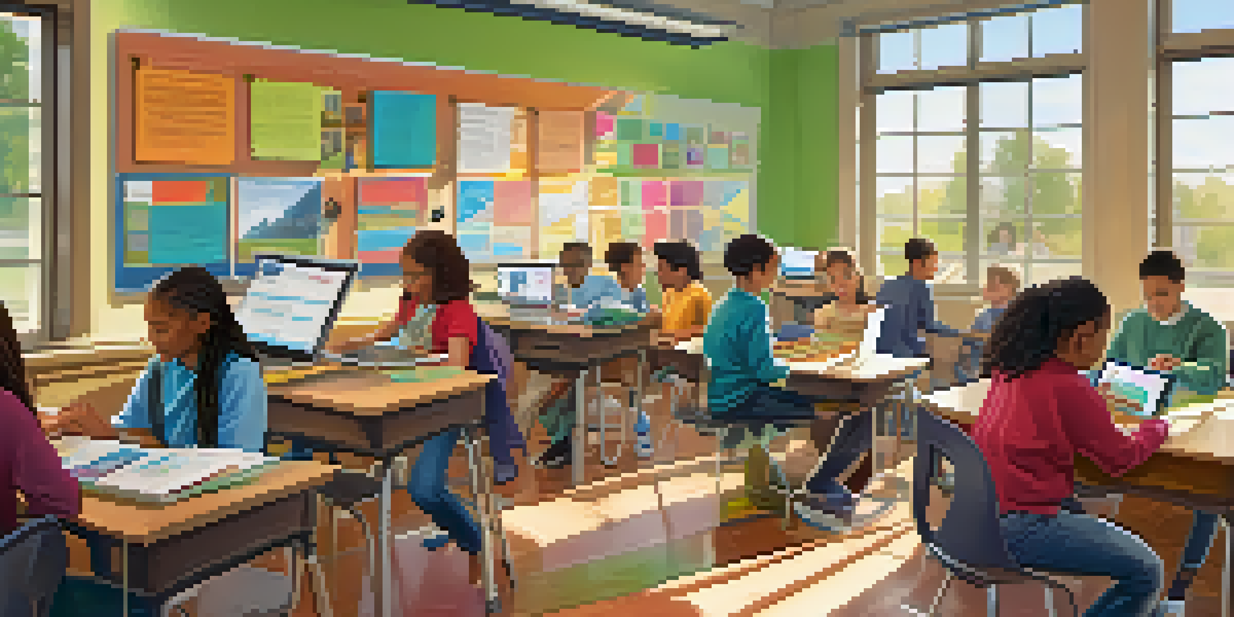 A diverse group of students collaborating in a bright classroom, using laptops and tablets for learning.