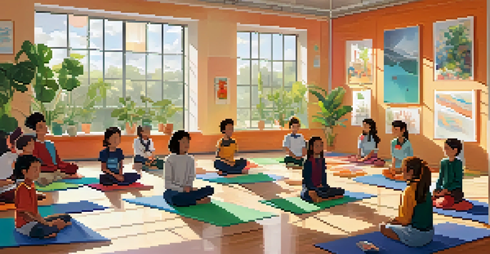 Students in a bright classroom practicing deep breathing exercises, sitting cross-legged on mats with their eyes closed, surrounded by plants and colorful mindfulness posters.