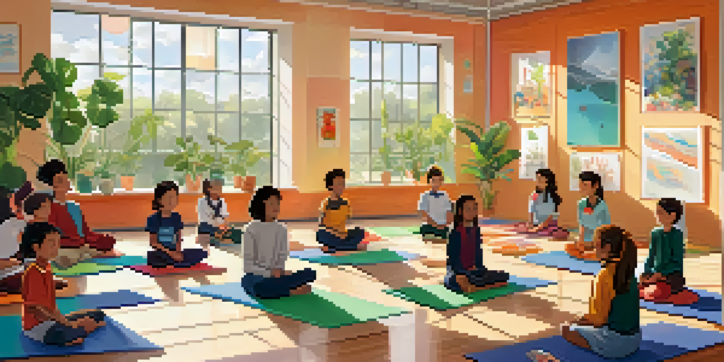 Students in a bright classroom practicing deep breathing exercises, sitting cross-legged on mats with their eyes closed, surrounded by plants and colorful mindfulness posters.