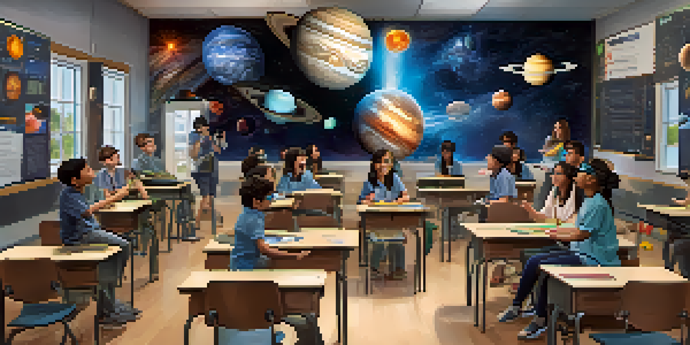 Students in a classroom wearing virtual reality headsets, exploring a 3D simulation of the solar system, showing expressions of excitement.