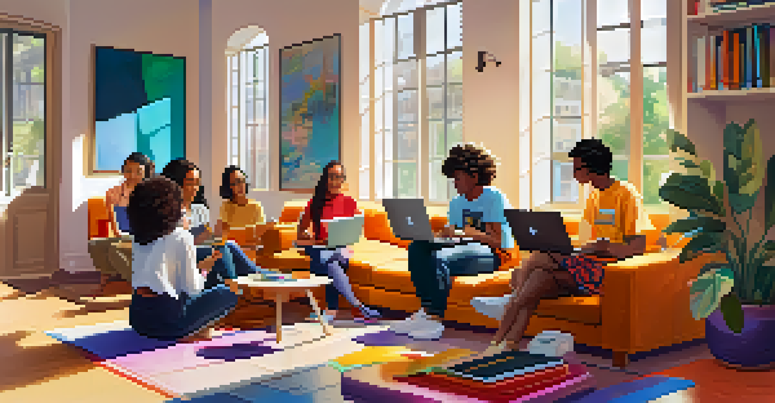 A diverse group of students studying together online in a vibrant lounge area with laptops and notebooks.