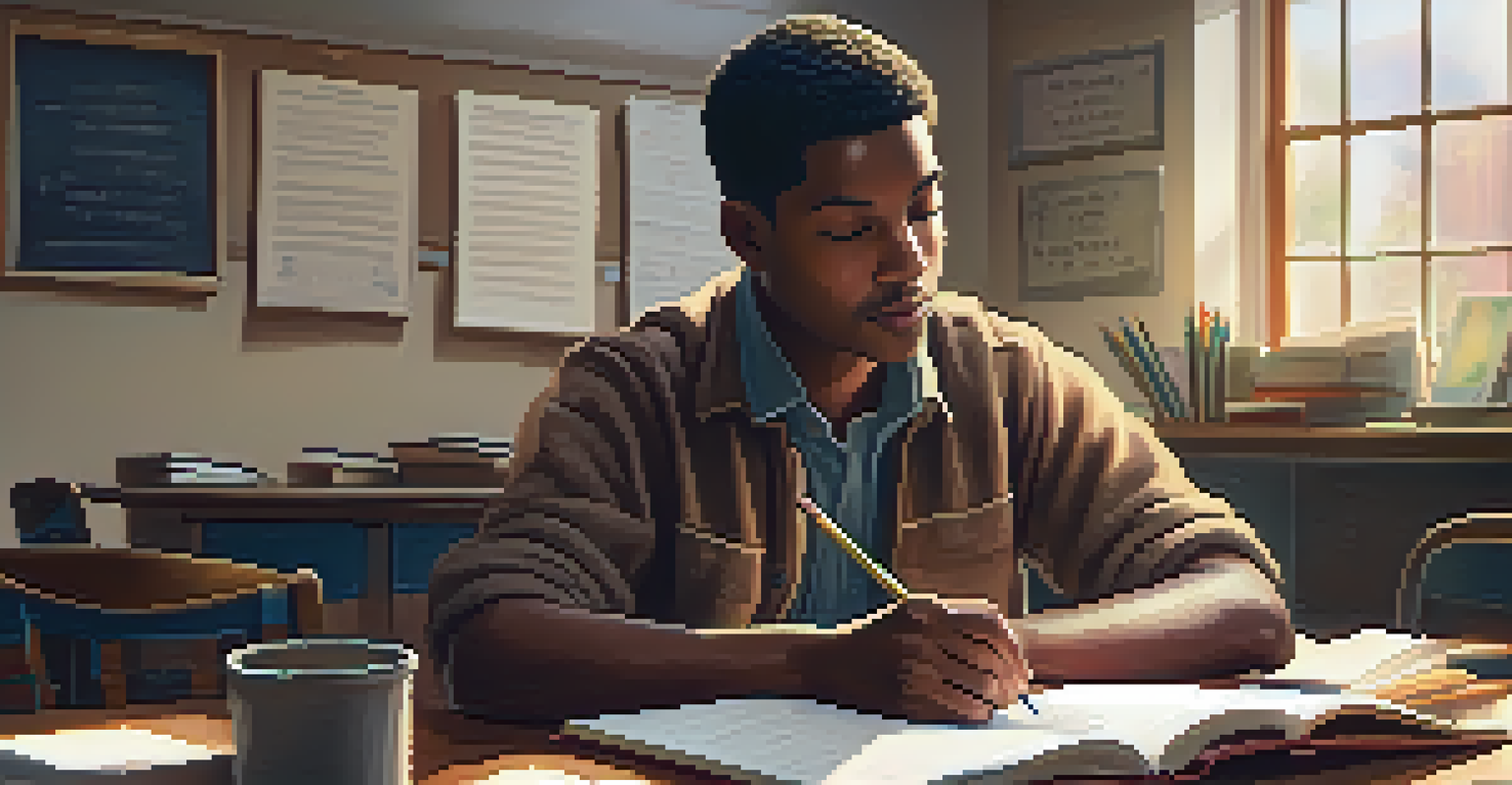 An adult learner reflecting on their service experience in a classroom, writing in a journal surrounded by books.