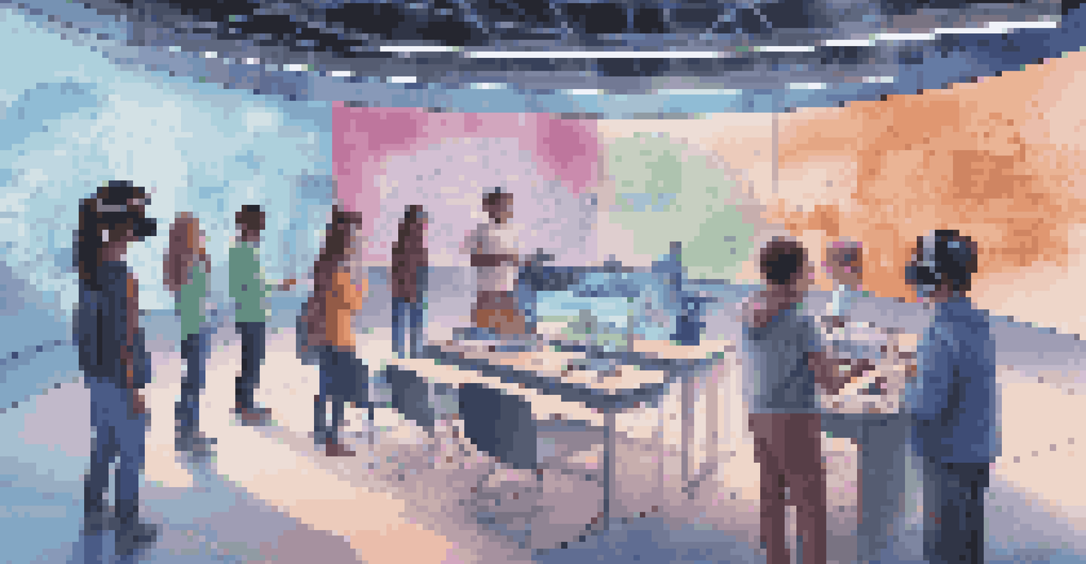 Students using augmented reality in a virtual learning environment, collaborating on a project with holographic displays.