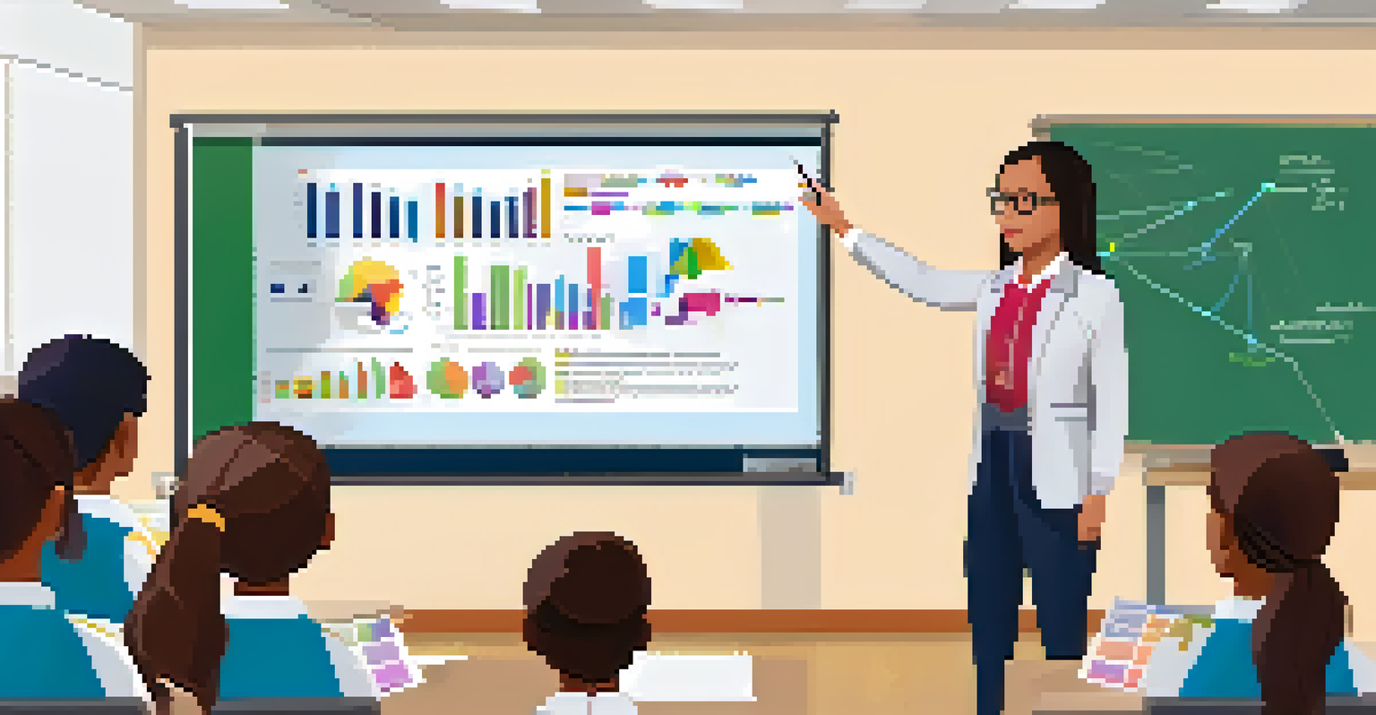 A teacher explaining concepts to students using a smart board with colorful graphics, showcasing engagement and learning.