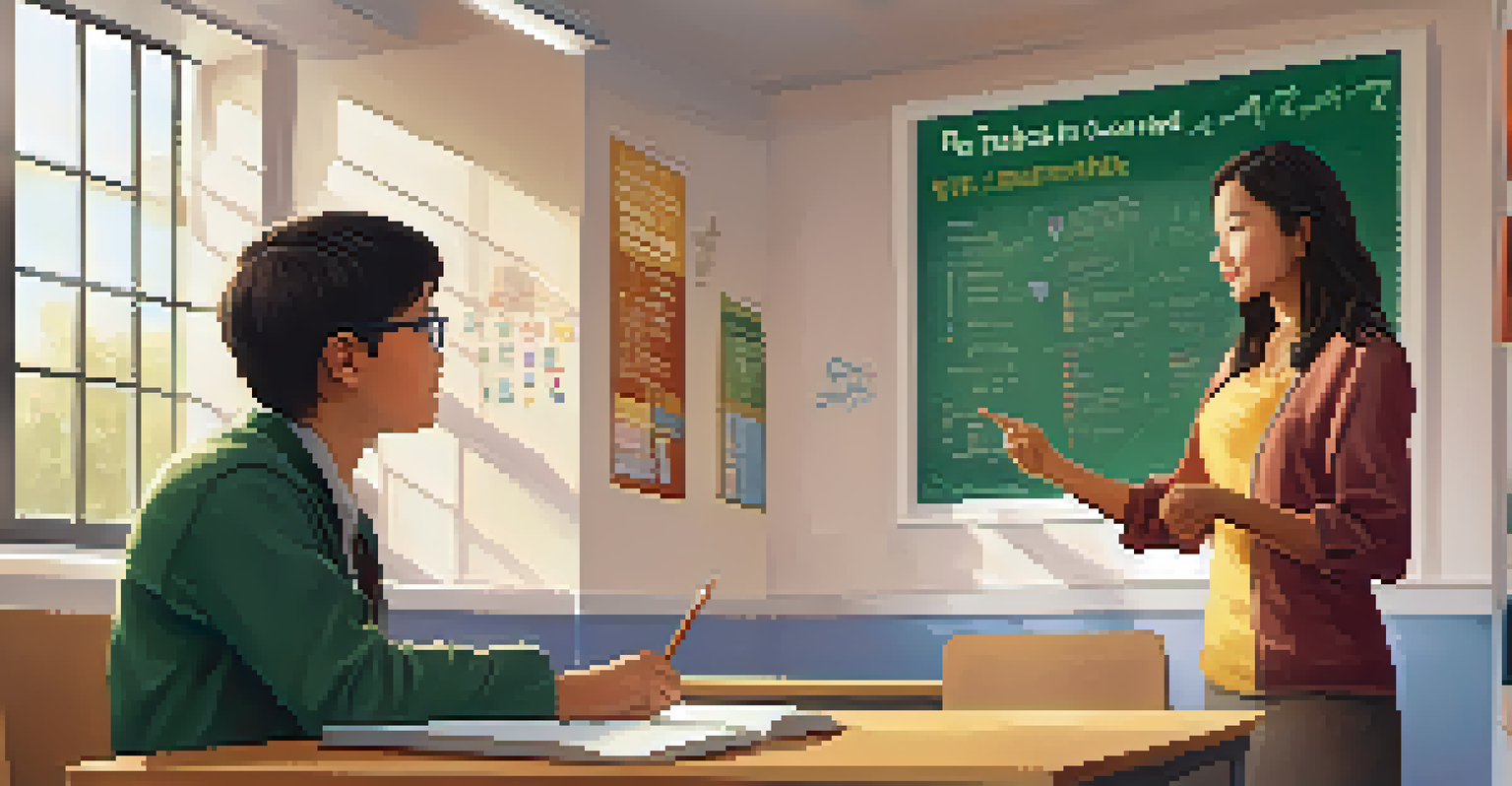 A teacher interacting with a student, pointing at a multilingual educational poster in a warmly lit classroom.