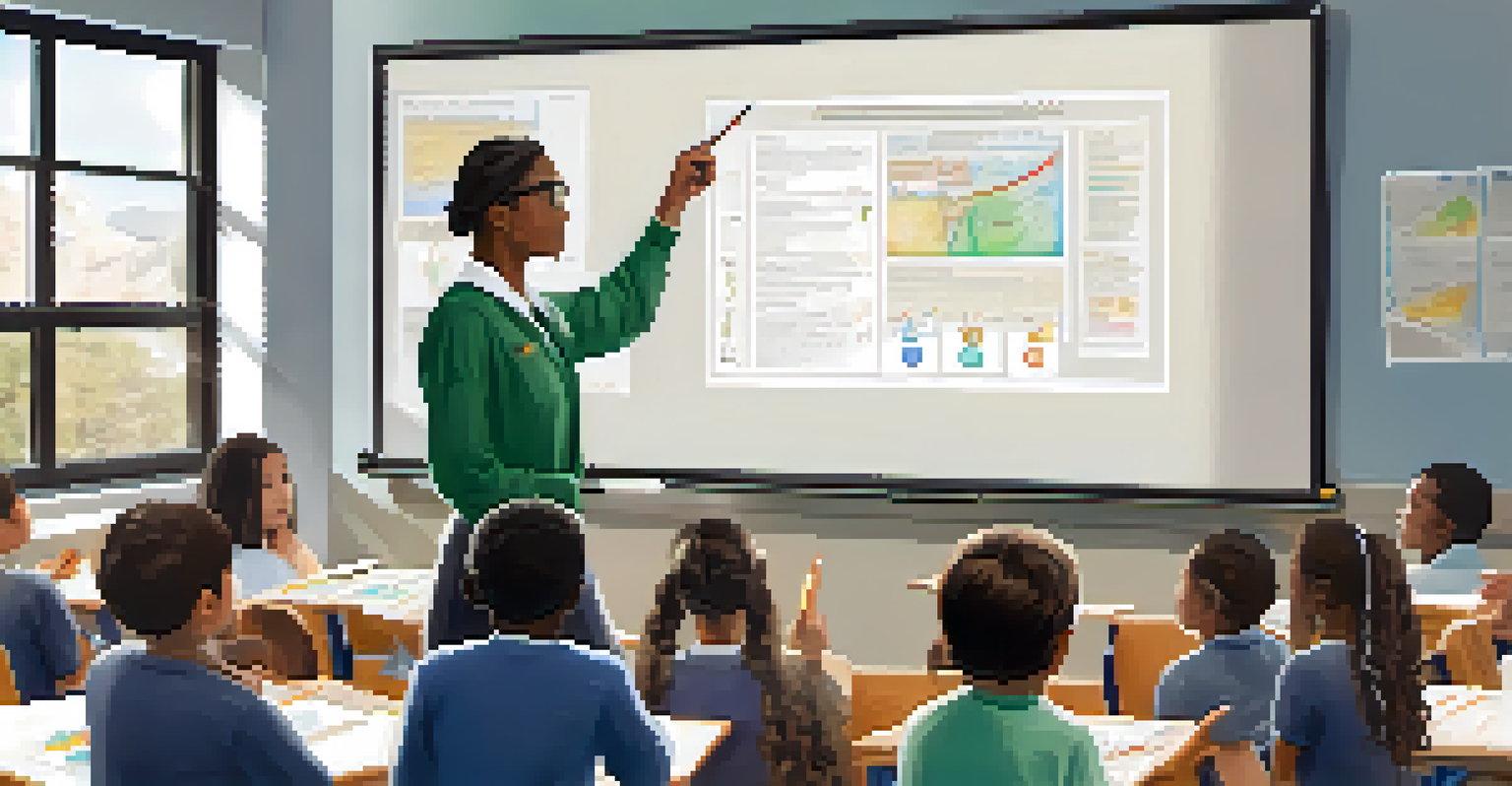 A teacher assisting students in a project-based learning session, with a focus on a chart illustrating project planning steps in a dynamic classroom.