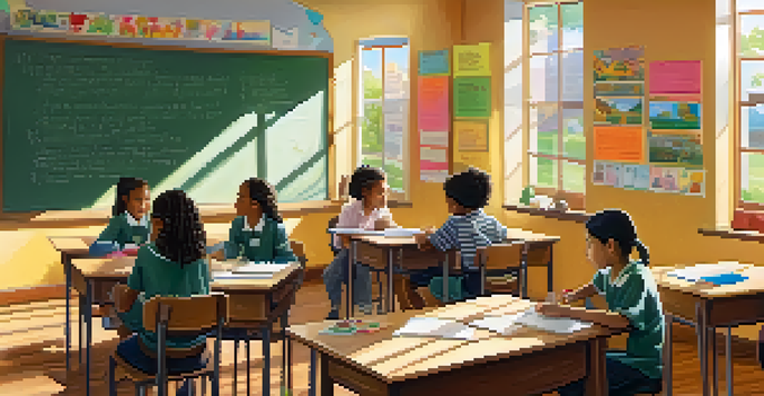 A bright and welcoming classroom with students of various backgrounds working together, guided by a supportive teacher.