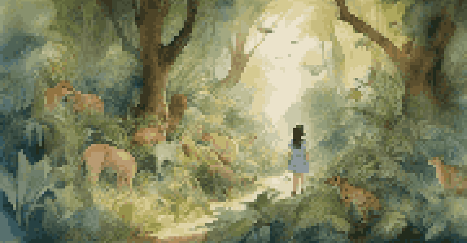 A young girl exploring a vibrant forest filled with animals and plants, illustrating the importance of biodiversity and conservation.