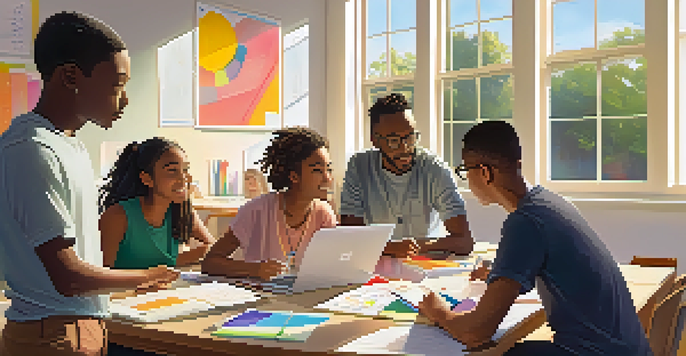 A diverse group of students working together in a bright classroom, engaging in discussion with laptops and notebooks.