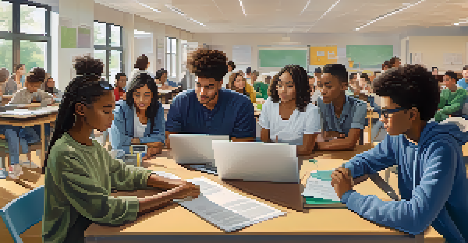 Diverse students and parents engaged in a discussion about data privacy policies in a school environment, with documents and devices on the table.