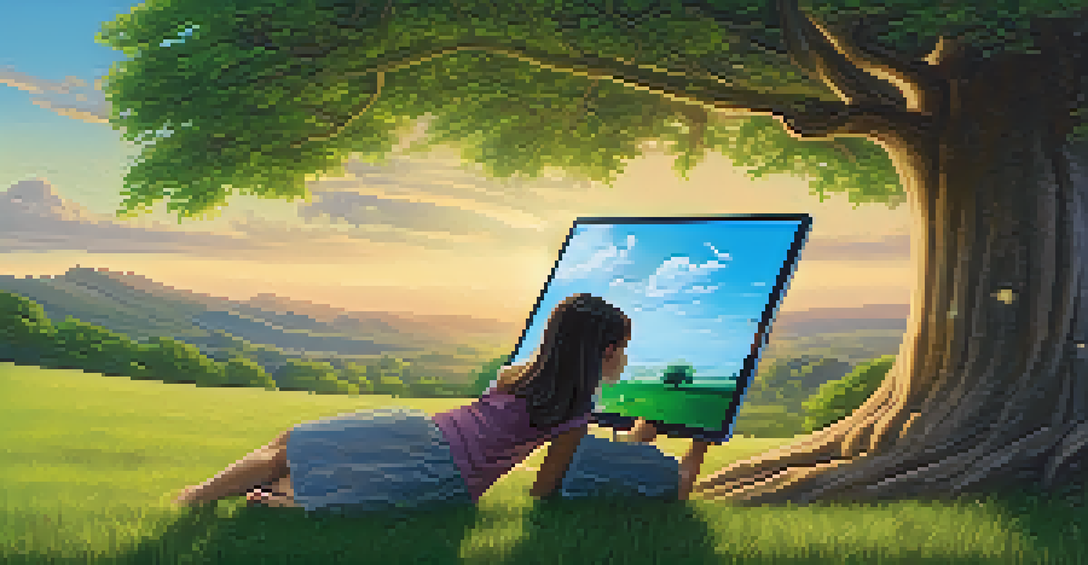 A student in a rural setting using a tablet to connect to online education, surrounded by nature and bright blue skies.