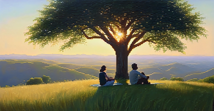 A person sitting cross-legged on a hilltop at sunrise, practicing mindfulness amidst lush greenery.