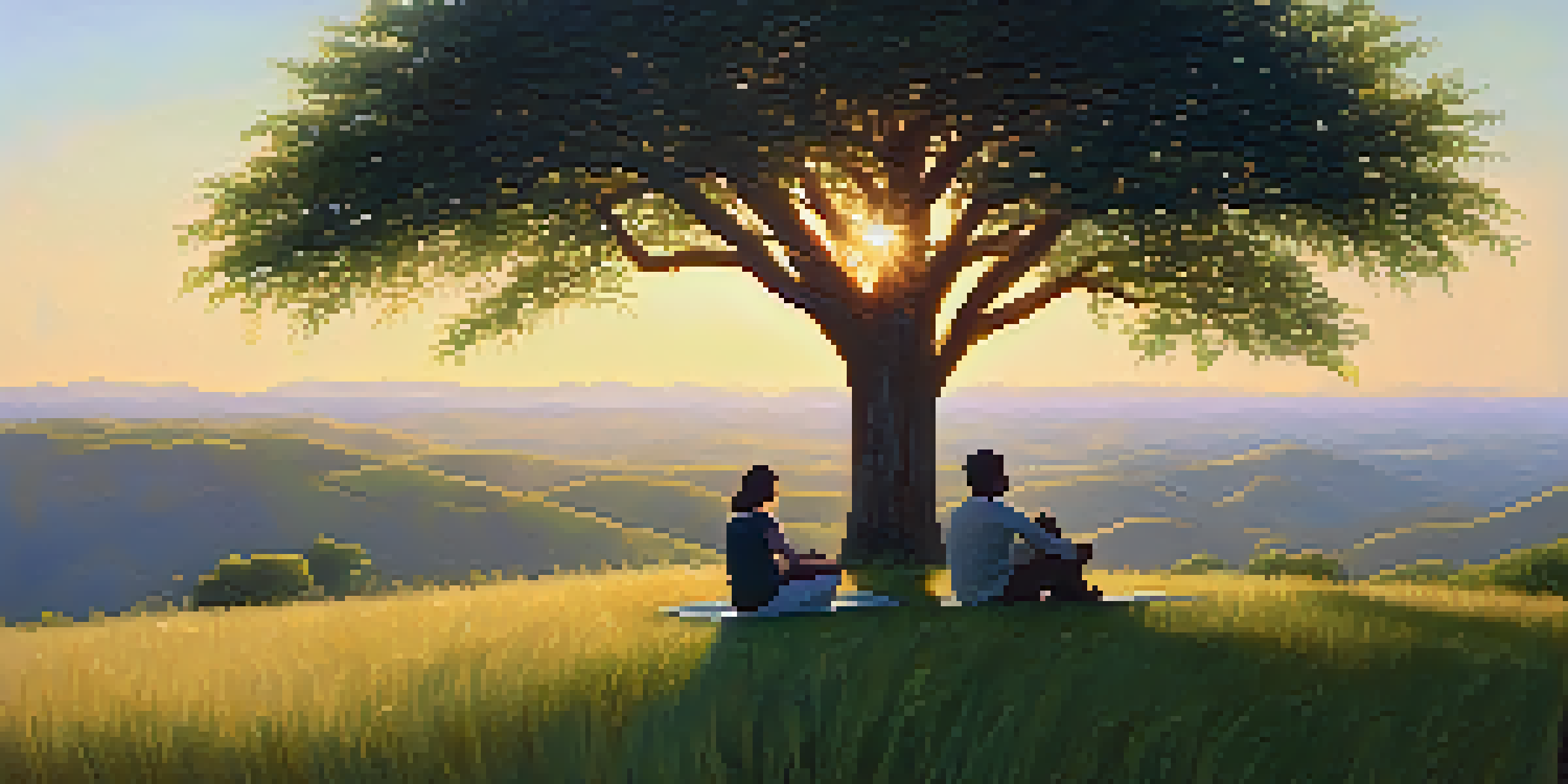 A person sitting cross-legged on a hilltop at sunrise, practicing mindfulness amidst lush greenery.