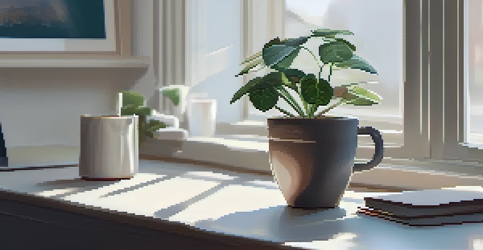 A clean and serene workspace with a minimalist desk, a small plant, a notebook, and a cup of tea, illuminated by soft natural light.