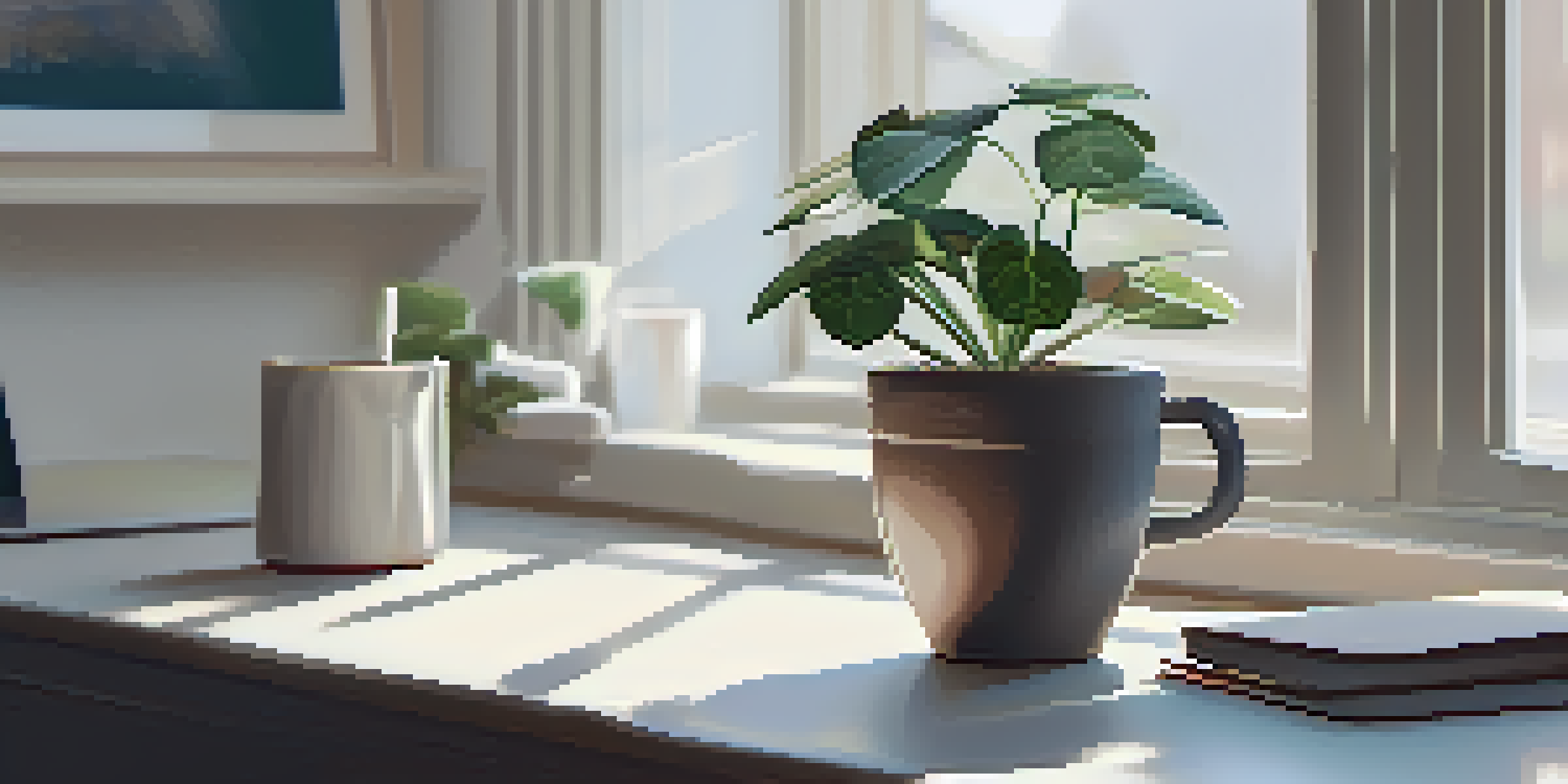 A clean and serene workspace with a minimalist desk, a small plant, a notebook, and a cup of tea, illuminated by soft natural light.