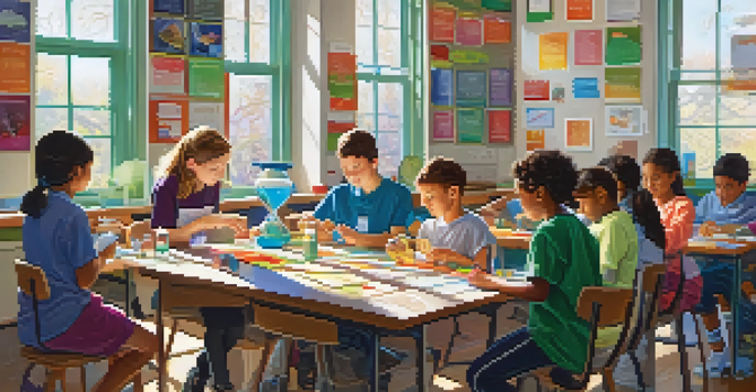 A classroom with students of different backgrounds collaborating on a science experiment, surrounded by bright light and educational materials.