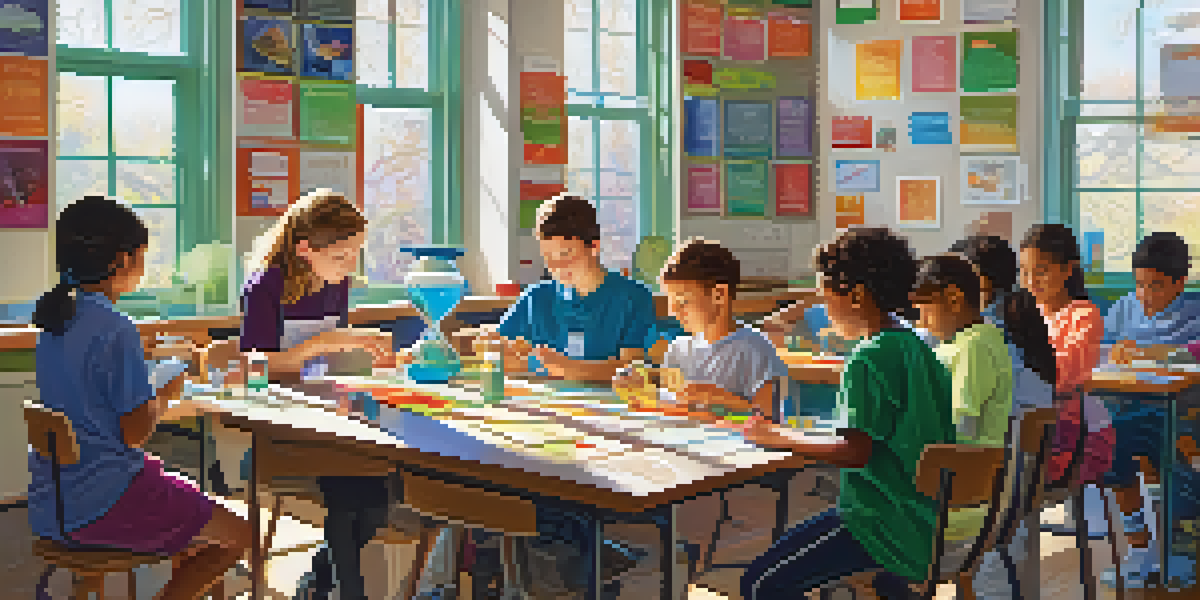 A classroom with students of different backgrounds collaborating on a science experiment, surrounded by bright light and educational materials.