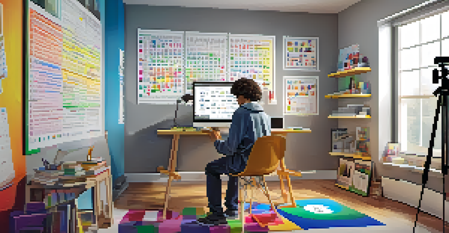 A high school student filming an educational video about math in a bright room filled with colorful posters and a camera setup.