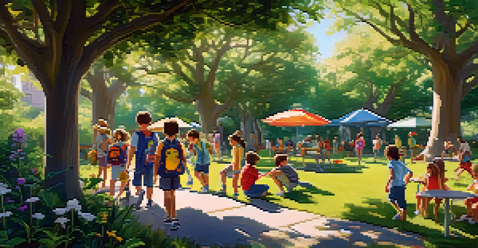 Children exploring outdoors during a scavenger hunt in a green park filled with trees and flowers.