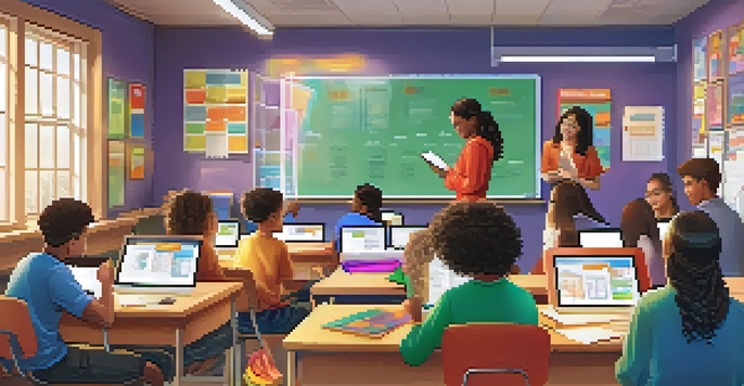 A lively classroom with diverse students using tablets and collaborating on projects, surrounded by colorful educational materials.