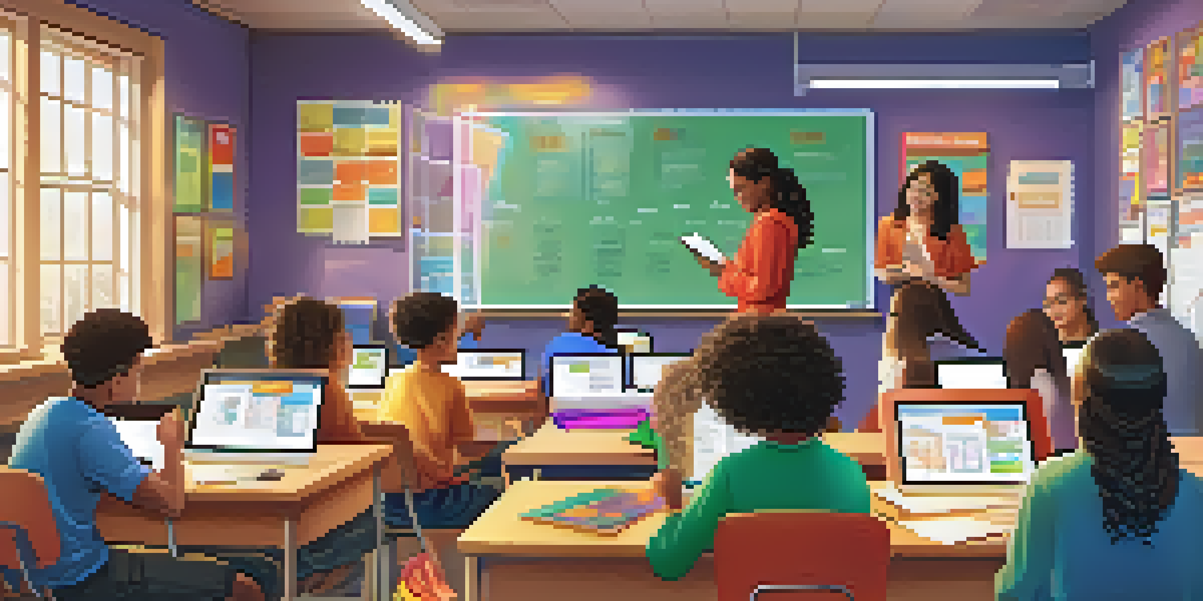 A lively classroom with diverse students using tablets and collaborating on projects, surrounded by colorful educational materials.