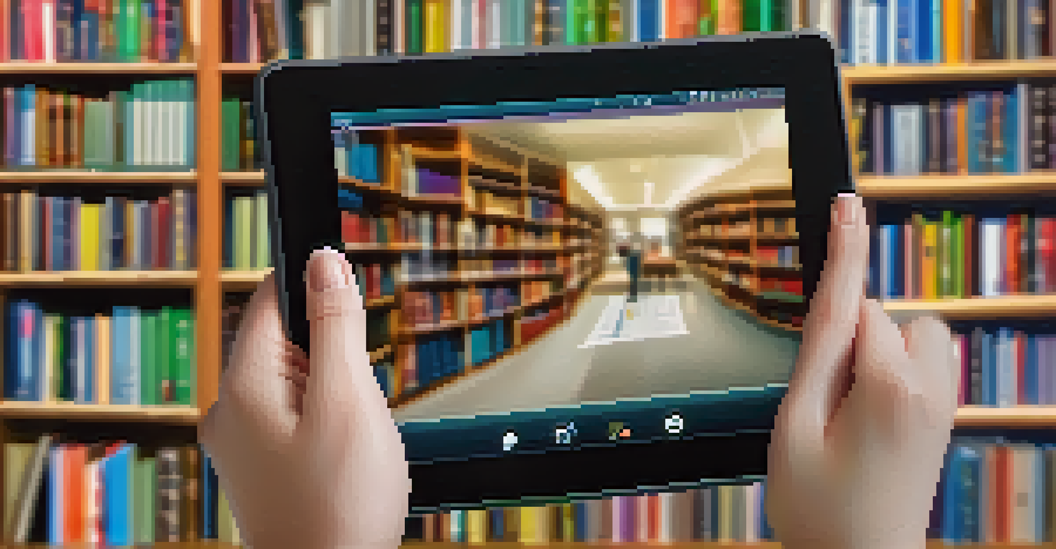 A close-up view of a student's hands using a tablet with a learning app, set against a blurred library background, showcasing modern learning in a traditional setting.
