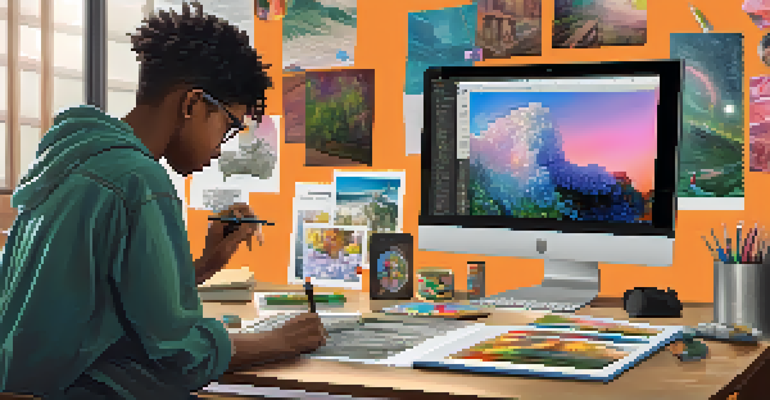 A student carefully working on their digital portfolio on a laptop, surrounded by art supplies and personal notes, with a focus on the screen's collage of their work.