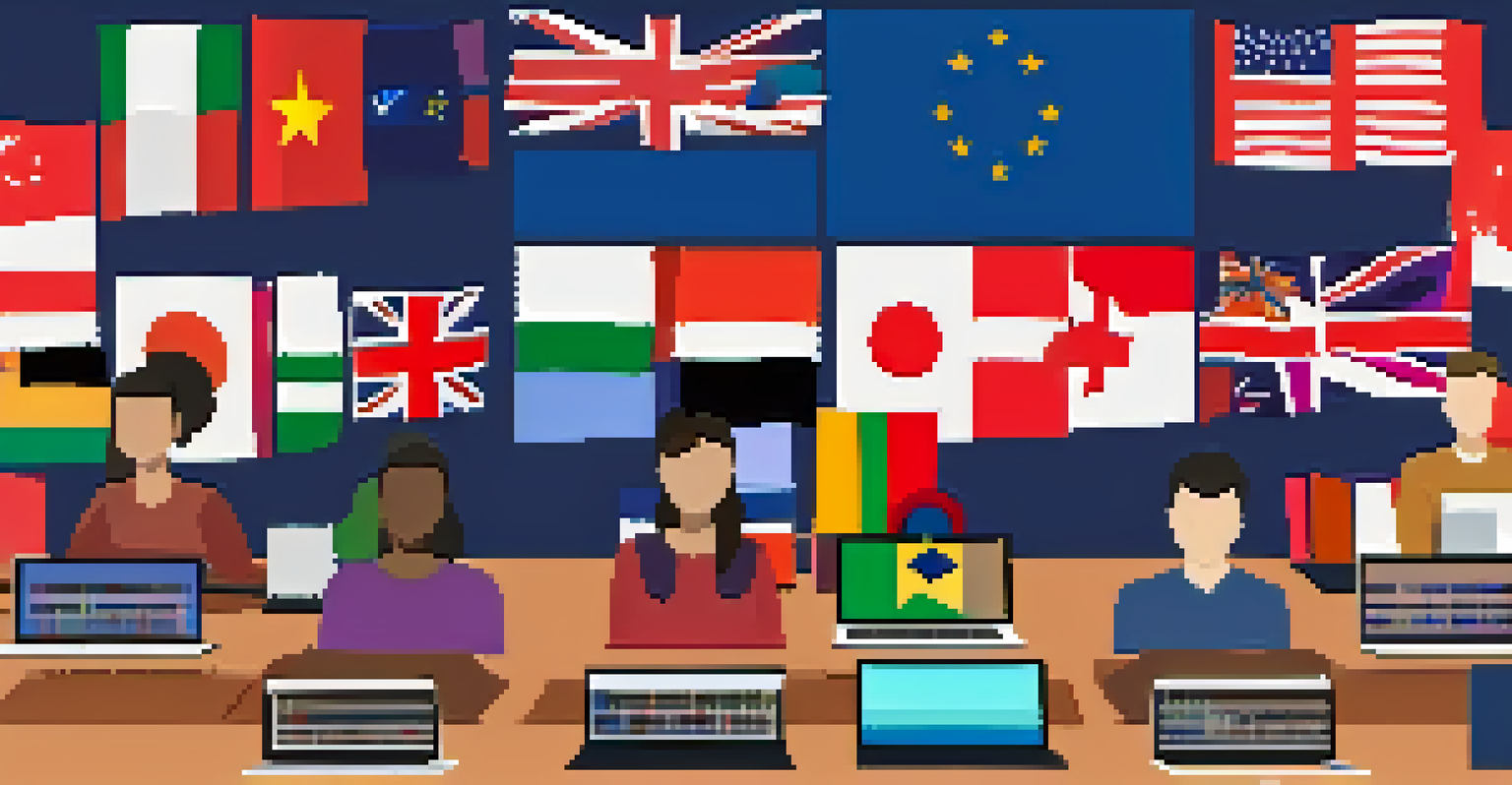 A virtual classroom with students from different countries participating in an online class, showcasing global collaboration.