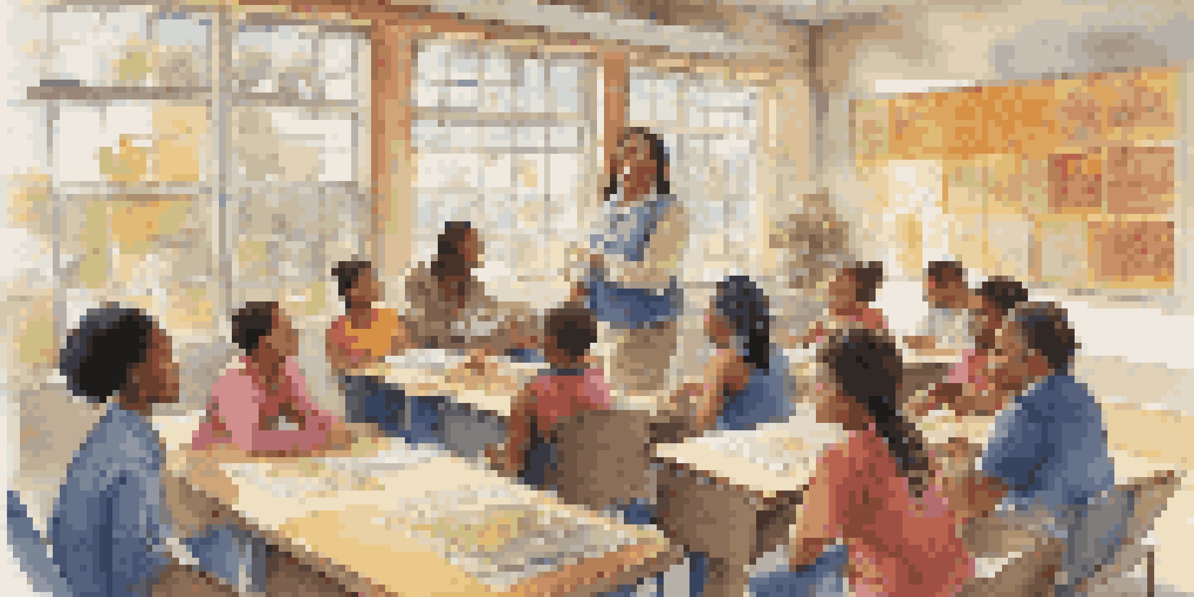 A diverse group of students in a classroom discussing with their teacher, surrounded by cultural posters and sunlight.