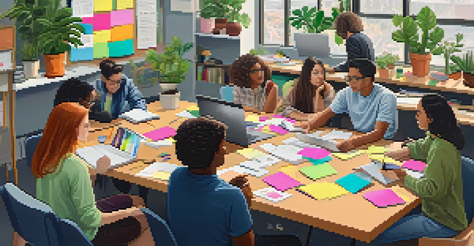 Students collaborating around a table with laptops and sticky notes in a vibrant learning space.
