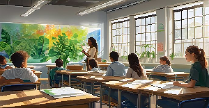 A lively classroom with diverse students working together on a project, showcasing teamwork and engagement.