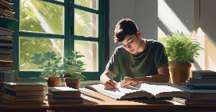 A student focused on studying at a wooden desk with books and a notebook, sunlight streaming through the window and a green plant in the background.