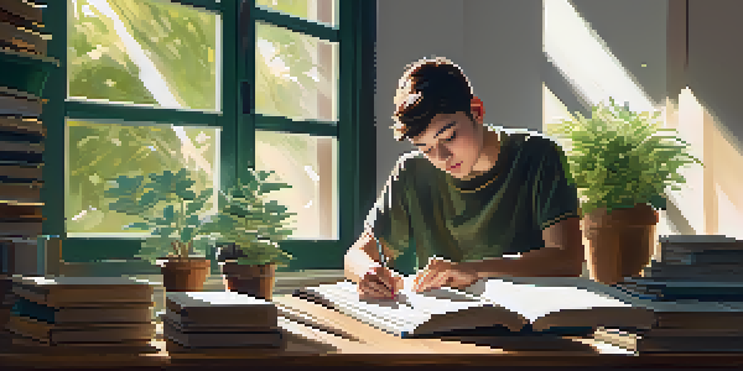 A student focused on studying at a wooden desk with books and a notebook, sunlight streaming through the window and a green plant in the background.