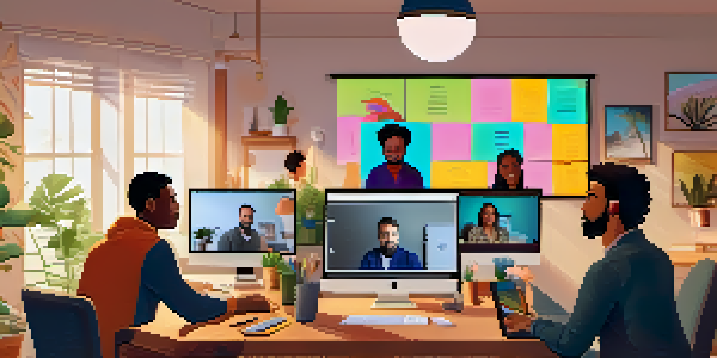 A cozy home office where team members are participating in a video call, showcasing a warm and collaborative environment.