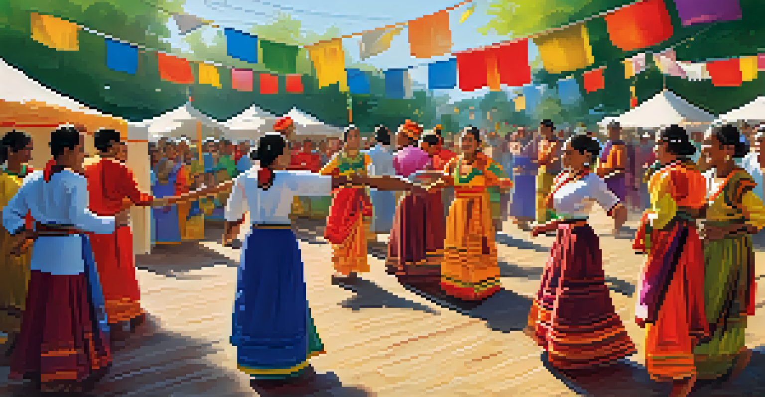 A lively outdoor cultural festival with people in traditional attire dancing, colorful stalls, and decorations under bright sunlight.