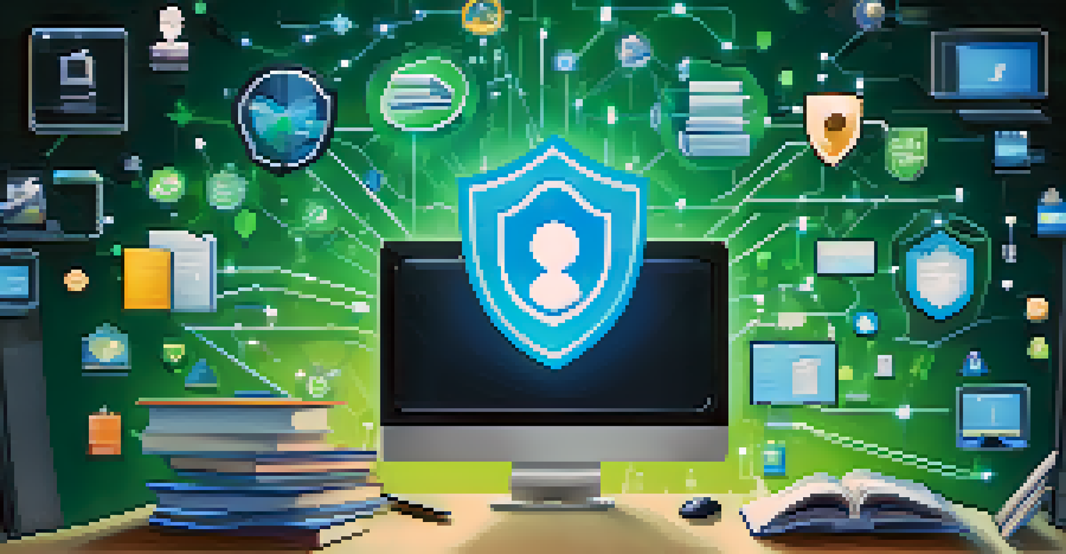 A digital illustration of a shield symbolizing data privacy in education, surrounded by student data icons.
