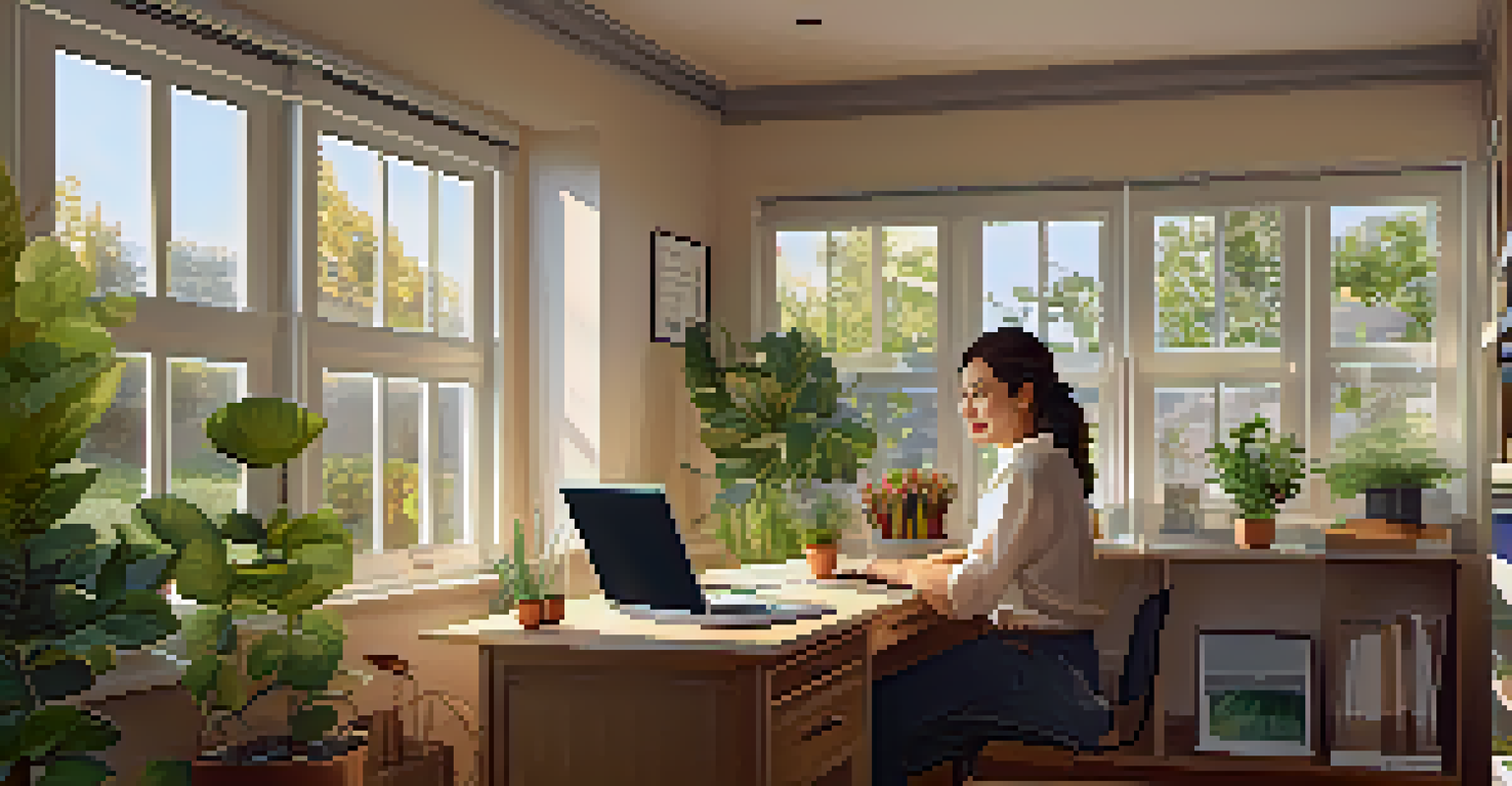 A woman in a home office participating in an online class, with a sunny garden visible through the window.