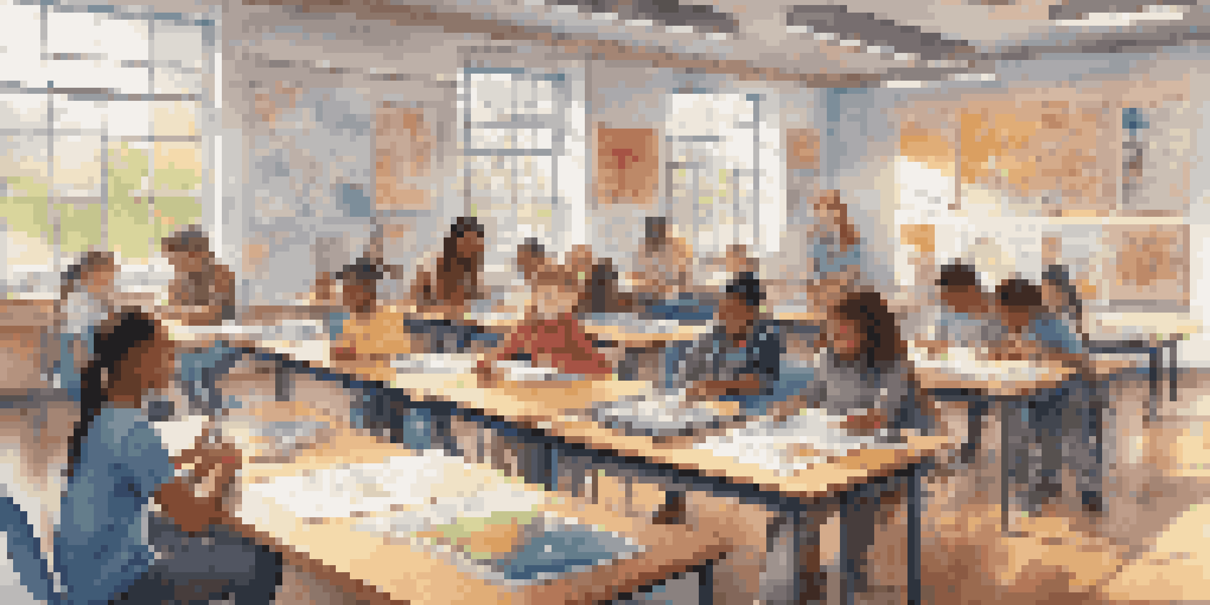 A diverse group of students collaborating in a colorful classroom filled with educational materials and natural light.