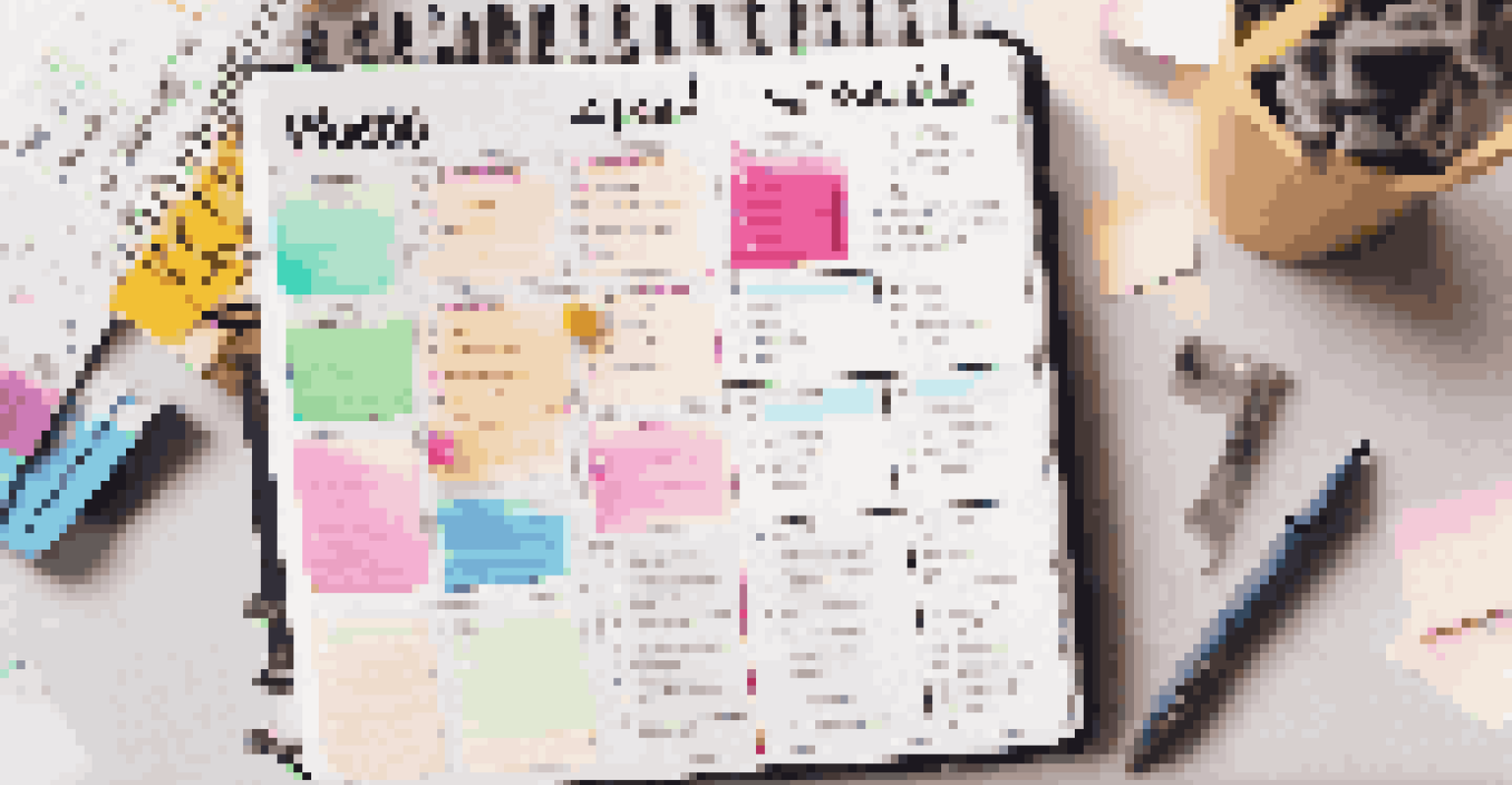 A close-up of an open planner with a weekly schedule, colorful sticky notes, and a pen, showcasing tasks and a motivational quote.
