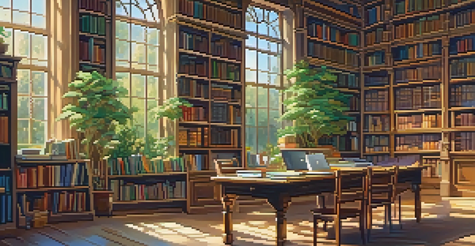 A warm and inviting library with a large wooden table covered in open textbooks and colorful stationery, illuminated by soft golden light from large windows.