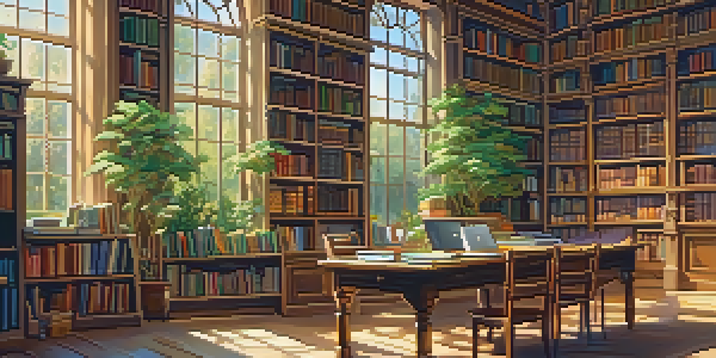 A warm and inviting library with a large wooden table covered in open textbooks and colorful stationery, illuminated by soft golden light from large windows.
