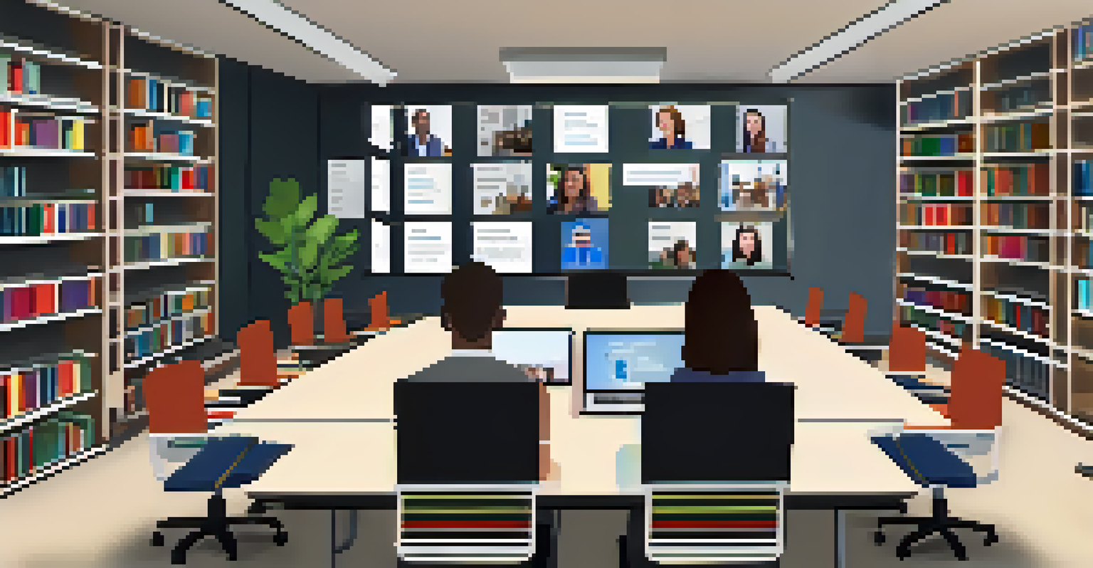 Educators engaged in a virtual meeting, sharing ideas through video conferencing with educational resources in the background.
